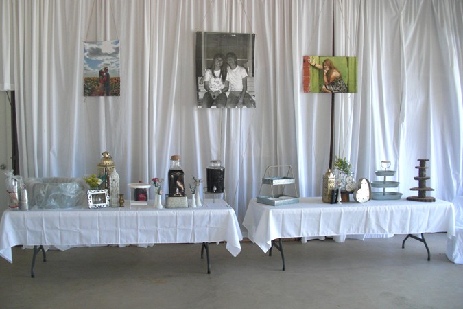 "Cherished Photos on Curtain Backdrop"